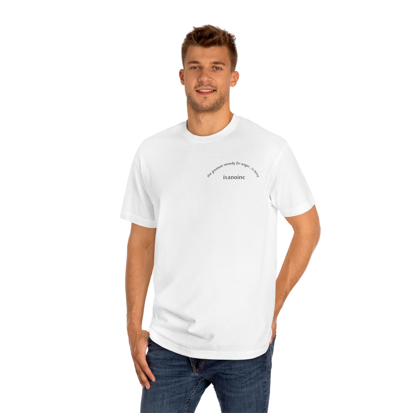 Minimalist White Tee — Small Chest Text